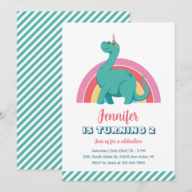 Cute Dinosaur och Rainbow Kids Dino Birthday Inbjudningar (Fram/baksida)
