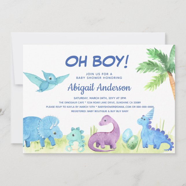 Cute Dinosaur Oh Boy Baby Shower-inbjudan Meddelande (Framsida)