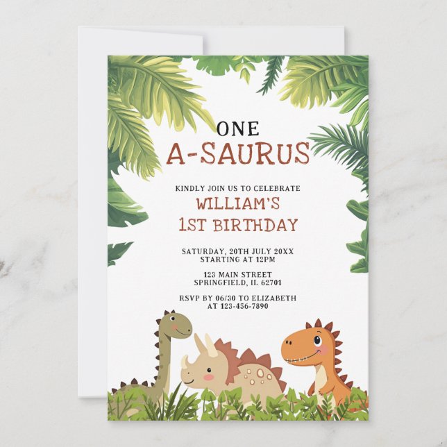 Cute Dinosaur One-A-Saurus 1:a födelsedag Party Inbjudningar (Framsida)