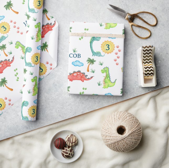 Cute Dinosaur Party Barns födelsedag Trex Presentpapper (Hantverk)