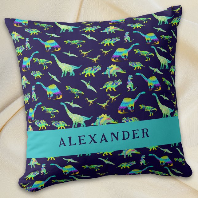 Cute Dinosaur Personlig Namn Blue Kudde (Cute dinosaur personalized name boy baby blue pillow colorful dino pattern kids bedroom home decor)