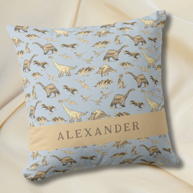 Cute Dinosaur Personlig Namn Blue Kudde (Cute dinosaur pattern personalized name blue pillow baby Boys Jurassic dino bedroom home decor)