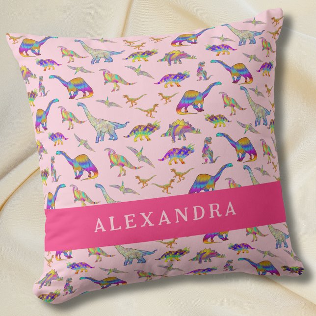 Cute Dinosaur Personlig Namn Rosa Kudde (Cute dinosaur personalized name pink pillow Girls colorful dino bedroom home decor)