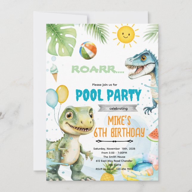 Cute dinosaur pool theme invitation inbjudningar (Framsida)