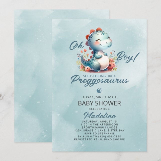 Cute Dinosaur Preggosaurus Baby Shower Inbjudningar (Fram/baksida)