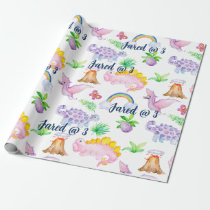 Cute Dinosaur Rainbow Watercolor Barns födelsedag Presentpapper