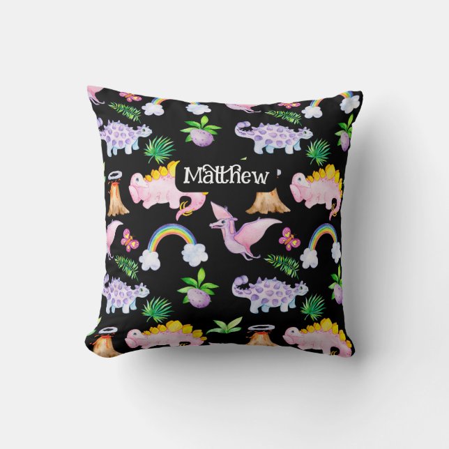 Cute Dinosaur Rainbow Watercolor Kids Jungle Kudde (Framsida)