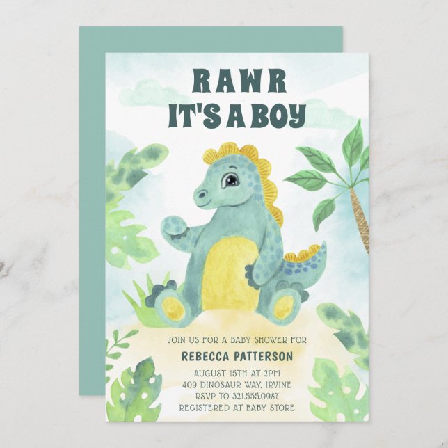 Cute Dinosaur Rawr är en pojkbabystövel Inbjudningar (Fram/baksida)