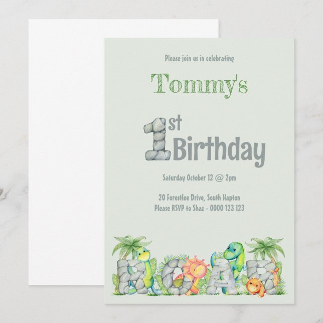 Cute Dinosaur Roar 1:a födelsedagsboj Inbjudningar (Fram/baksida)