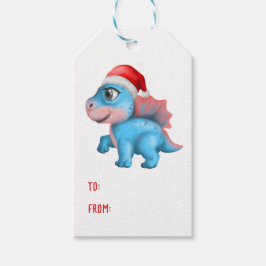 Cute Dinosaur Santa Hat Kids Blue jul Presentetikett