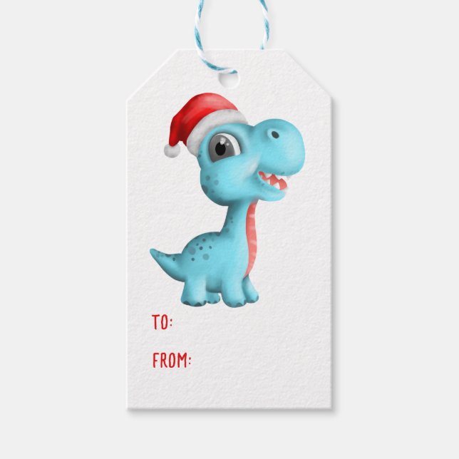 Cute Dinosaur Santa Hat Kids Blue - Jul Presentetikett (Framsidan)