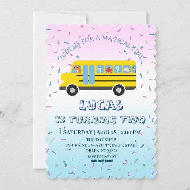Cute dinosaur School Buss Födelsedagsfest DIY NAMN Inbjudningar (Framsida)