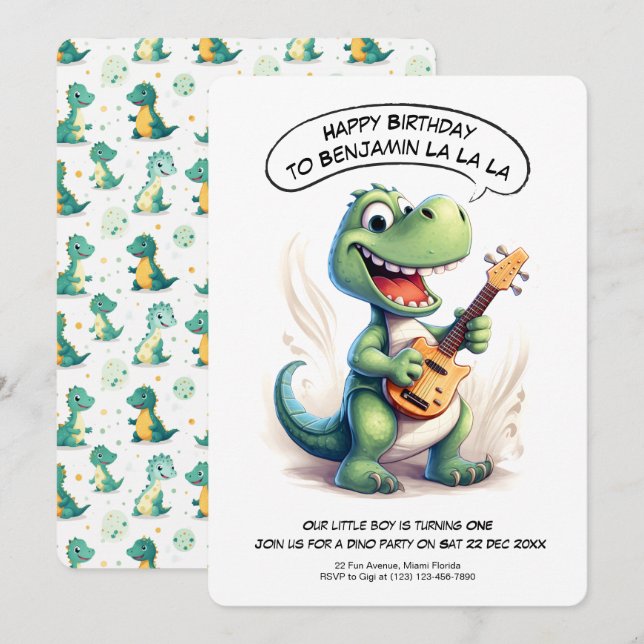 Cute Dinosaur Singing | Dino Music Barns födelseda Inbjudningar (Fram/baksida)