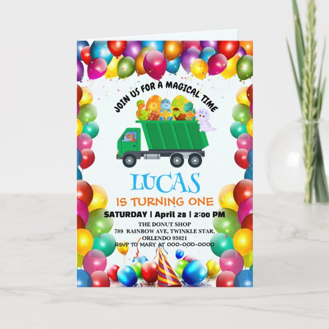 Cute Dinosaur sopor lastbil-ballongpojke Inbjudan (Framsida)