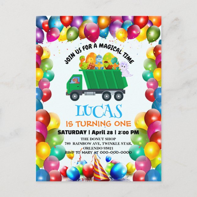 Cute Dinosaur sopor lastbil-ballongpojke Inbjudan Vykort (Framsida)