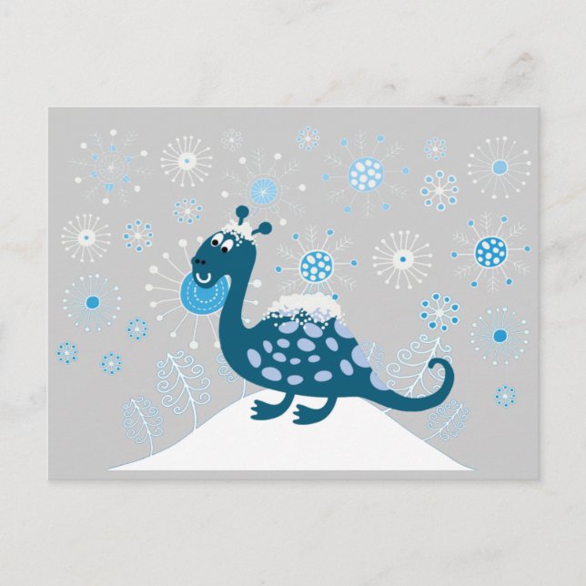 Cute Dinosaur spelar i Snö! Vykort (Framsida)