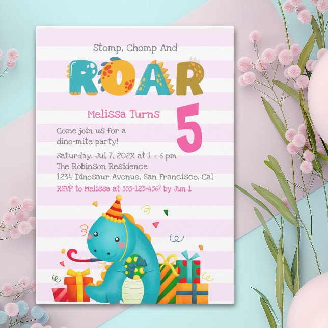 Cute Dinosaur Stomp Chomp and roar Birthday Girl Inbjudningar (Skapare uppladdad)