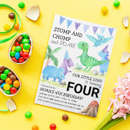 Cute Dinosaur Stomp, Chomp och Roar 4e födelsedage Inbjudningar