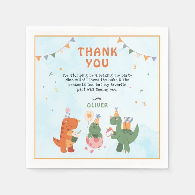 cute dinosaur t-rex 4th Birthday Party Napkins Pappersservett (Framsidan)