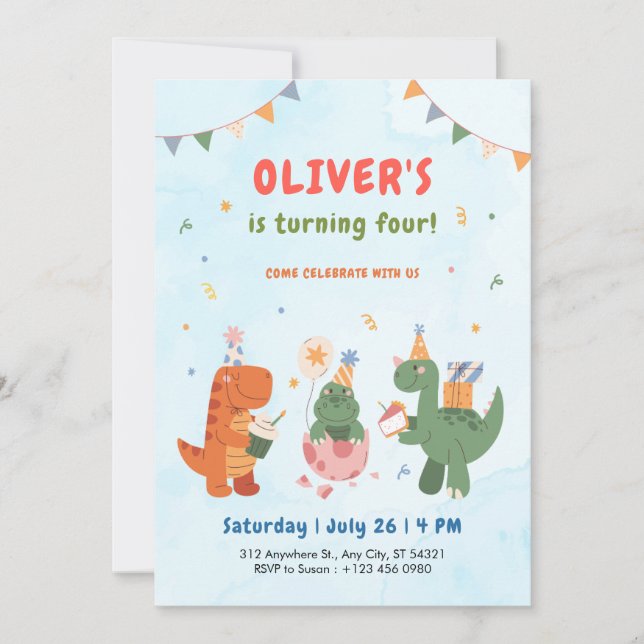 cute dinosaur t-rex kids 4th Birthday Invitation   Inbjudningar (Framsida)