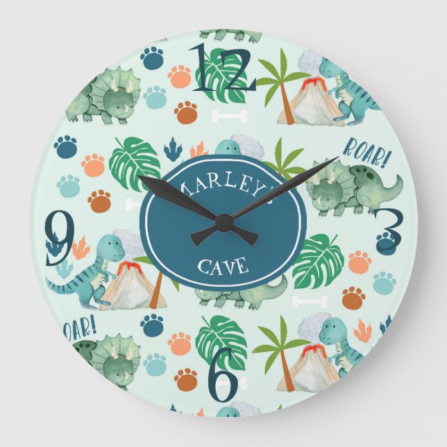 Cute Dinosaur t Rex Mönster Jurassic Kids Room Stor Klocka (Framsida)