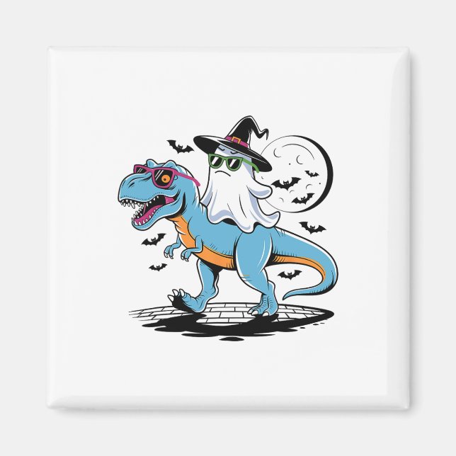 Cute Dinosaur t rex och Ghost för Halloween och te Magnet (Framsidan)