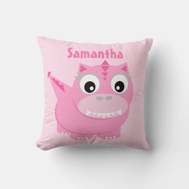 Cute Dinosaur Tecknad Rosa Kids Namn Dekorativ kud Kudde (Framsida)