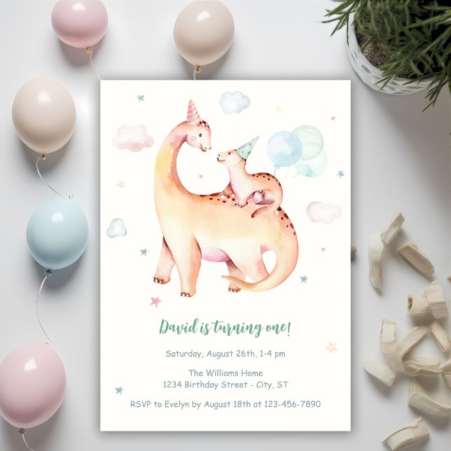 Cute Dinosaur-tema 1:a födelsedag Inbjudningar (Skapare uppladdad)