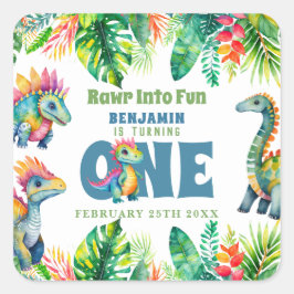 Cute Dinosaur-tema 1:a födelsedagelagaren Watercol Fyrkantigt Klistermärke