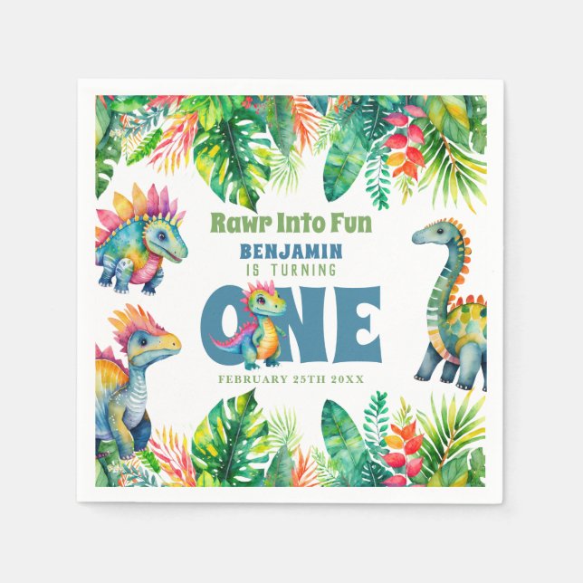 Cute Dinosaur-tema 1:a födelsedagelagaren Watercol Pappersservett (Framsidan)