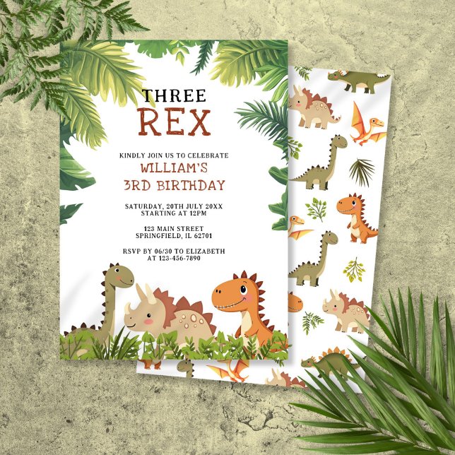Cute Dinosaur, tre Rex, tredje födelsedag Party Inbjudningar (Cute Dinosaur Three Rex 3rd Birthday Party Invitation)