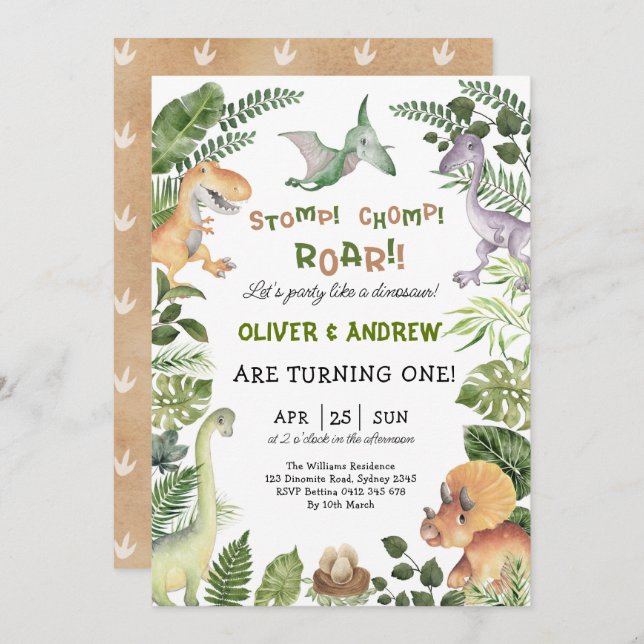 Cute Dinosaur Twin Boys Birthday Jurassic Party Inbjudningar (Fram/baksida)