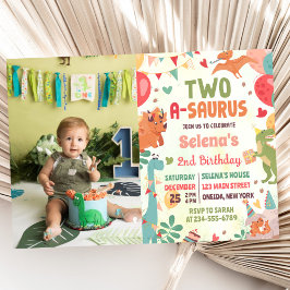 Cute Dinosaur Two-A-Saurus 2:a födelsedagsfoto Inbjudningar