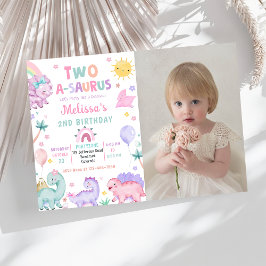 Cute Dinosaur Two-A-Saurus 2:a födelsedagsfoto Inbjudningar