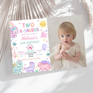 Cute Dinosaur Two-A-Saurus 2:a födelsedagsfoto Inbjudningar