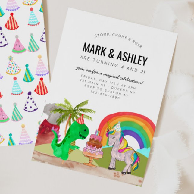 Cute Dinosaur Unicorn Cake Candle Joint Birthday Inbjudningar (Skapare uppladdad)