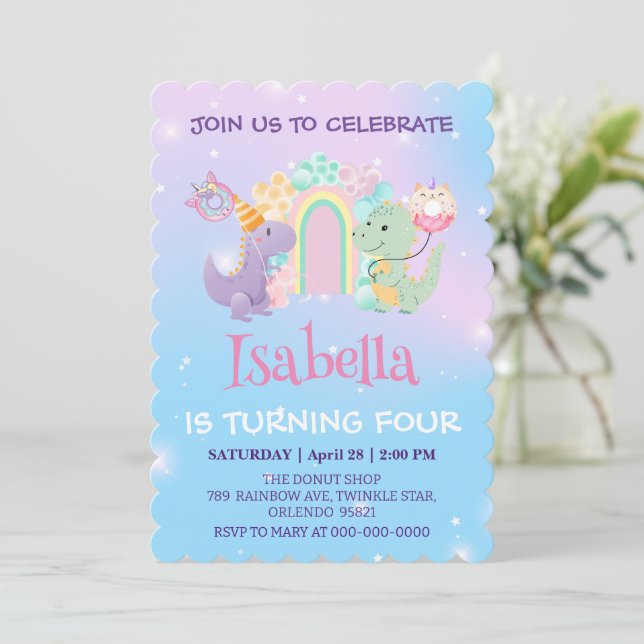Cute Dinosaur Unicorn Donut Rainbow Birthday-barn Inbjudningar (Stående Fram)