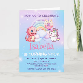Cute Dinosaur Unicorn Rainbow ballong Birthday Inbjudan