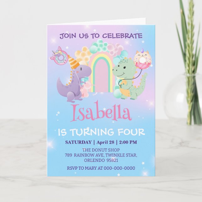 Cute Dinosaur Unicorn Rainbow ballong Birthday Inbjudan (Framsida)