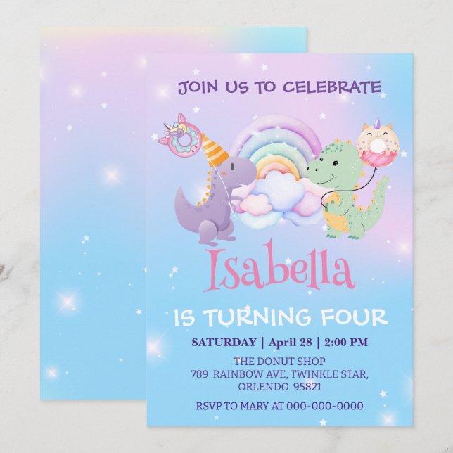 Cute Dinosaur Unicorn Rainbow ballong Birthday Inbjudningar (Fram/baksida)