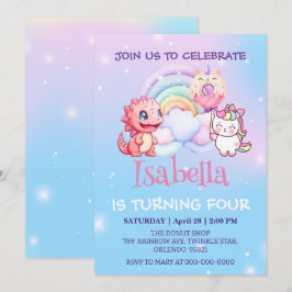 Cute Dinosaur Unicorn Rainbow ballong Birthday Inbjudningar