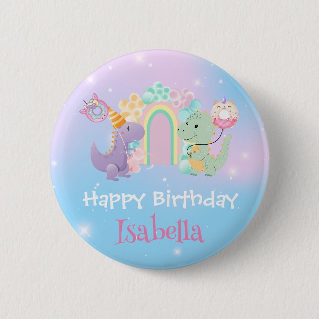 Cute Dinosaur Unicorn Rainbow ballong Birthday Knapp (Framsida)