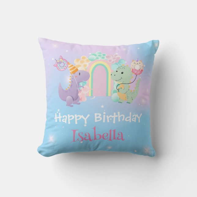 Cute Dinosaur Unicorn Rainbow ballong Birthday Kudde (Framsida)
