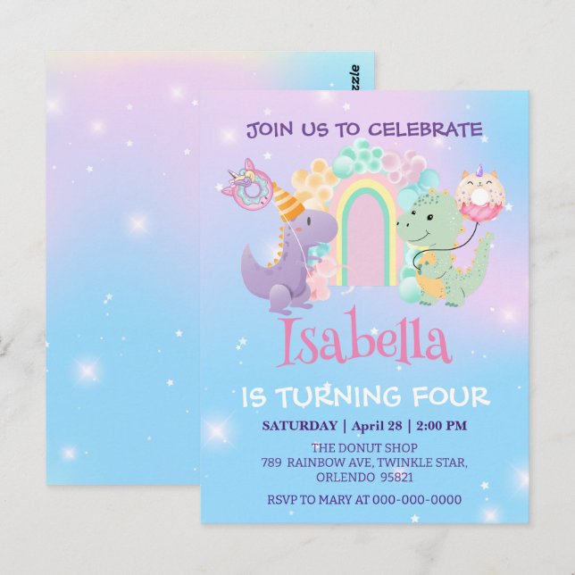 Cute Dinosaur Unicorn Rainbow ballong Birthday Vykort (Fram/baksida)