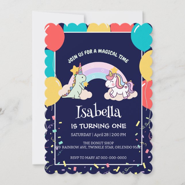 Cute Dinosaur Unicorn rainbow Balloon födelsedag Inbjudningar (Framsida)