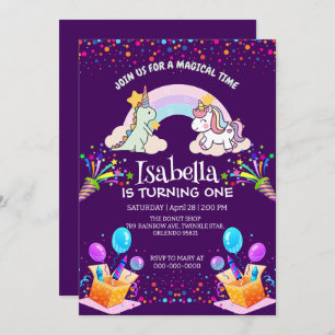 Cute Dinosaur Unicorn rainbow Balloon födelsedag Inbjudningar