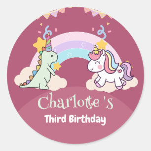 Cute Dinosaur Unicorn rainbow Balloon födelsedag Runt Klistermärke