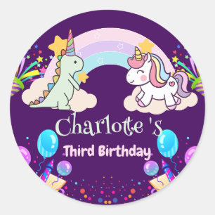 Cute Dinosaur Unicorn rainbow Balloon födelsedag Runt Klistermärke