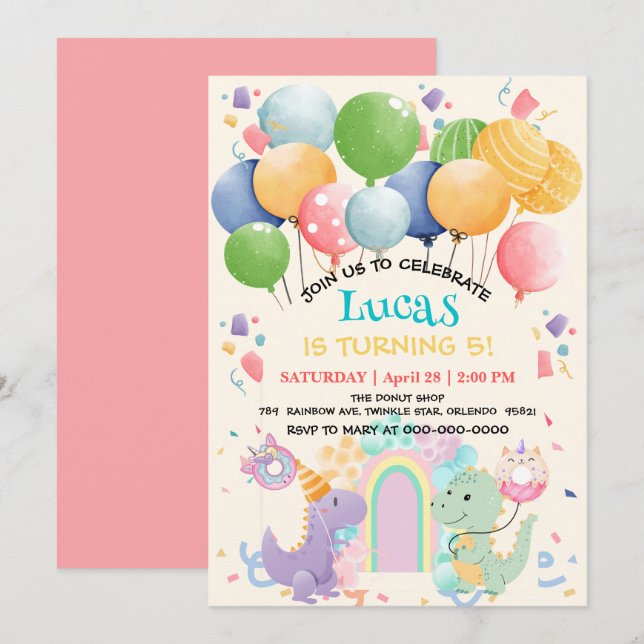 Cute Dinosaur Unicorn Rainbow donut ballongpatter Inbjudningar (Fram/baksida)