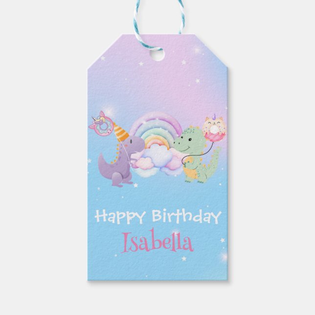 Cute Dinosaur Unicorn Rainbow Donut Birthday Presentetikett (Framsidan)